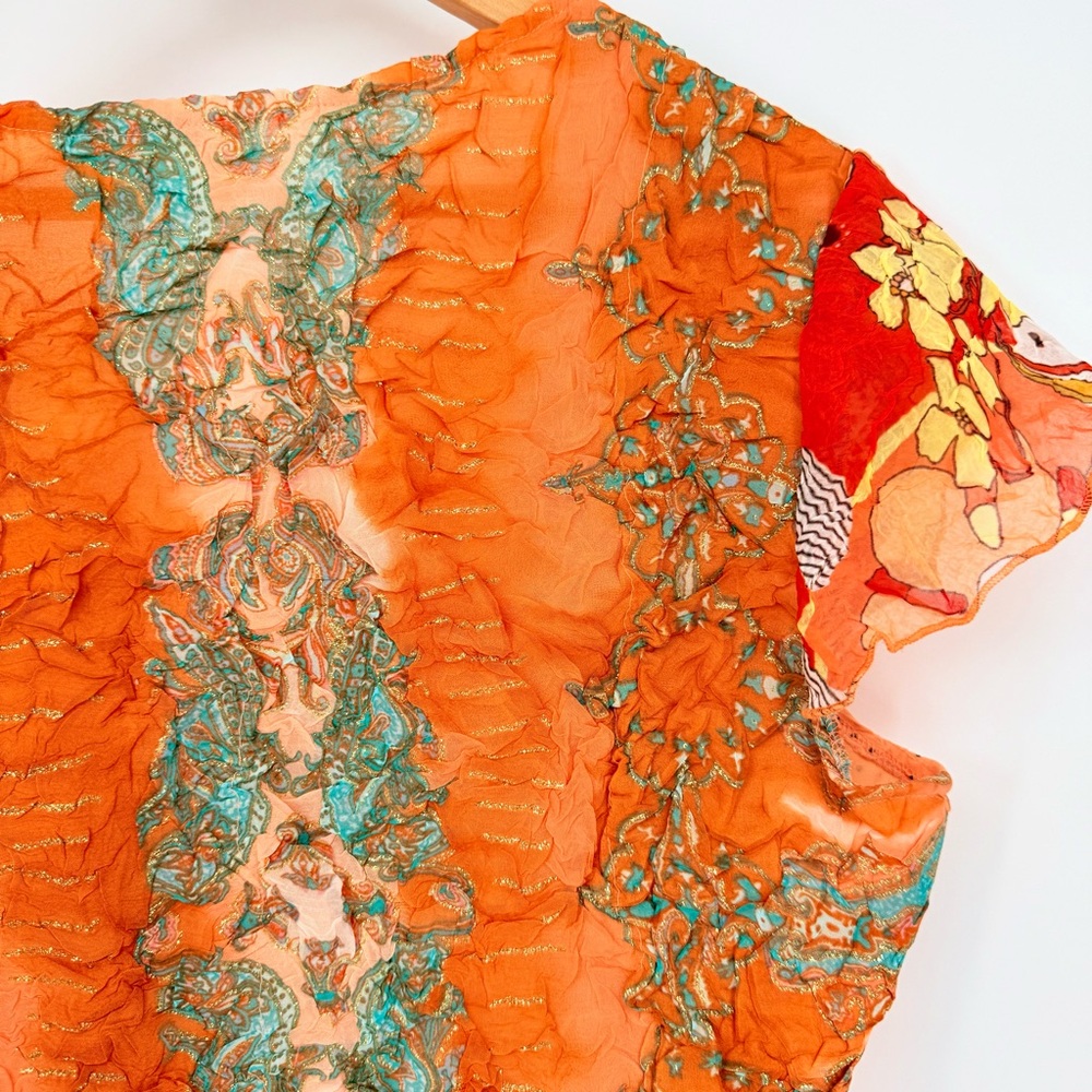 Alberto Makali Y2K Silk Look Orange Floral Crinkle Mesh Top Blouse Large L Boho - Picture 5 of 15